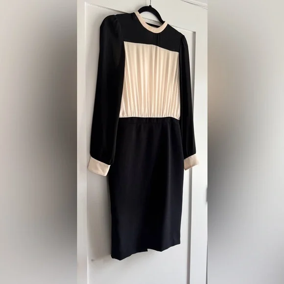 Zara Cream Black Pleated Long Sleeve Contrast Dress Size M (Runs Small) - Picture 3 of 13